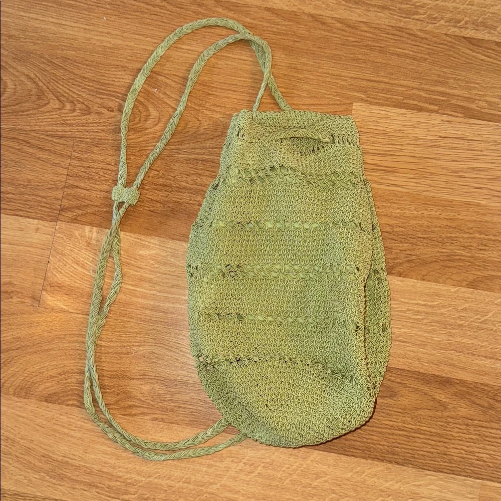 VTG  90’s Y2K Drawstring Backpack Purse Summer Crochet Carlo D'Santi Lime Green